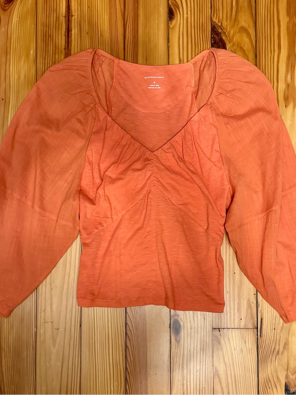 Anthropologie Coral-Orange V-Neck Puff-Sleeve Top